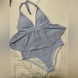 J Crew blue seersucker peplum tankini top size Medium Bottom size Large like new